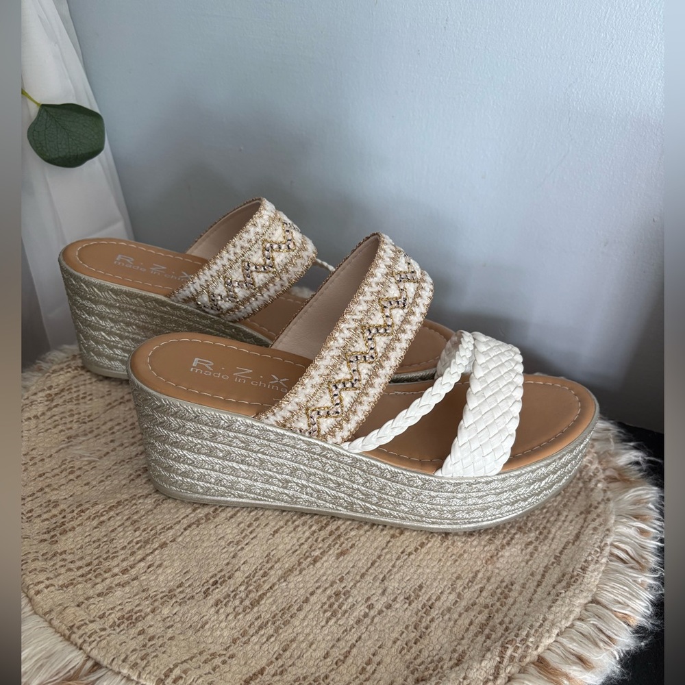 Braided Wedge Sandals - Cream and Tan
